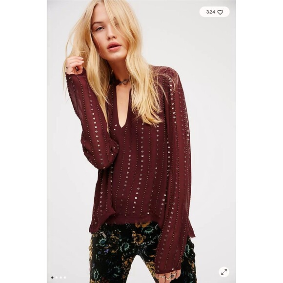 Free People 'Young Love' Embellished Sequined Cutout Blouse Top - Burgundy-Large - Picture 1 of 12